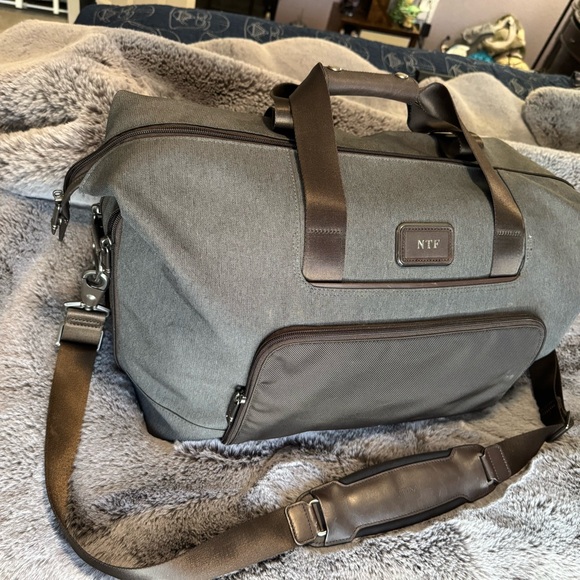 Tumi Gray and Brown Duffel Bag with Leather Trim